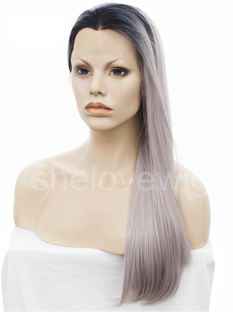 Silk Straight Black Grey Synthetic Lace Front Wig