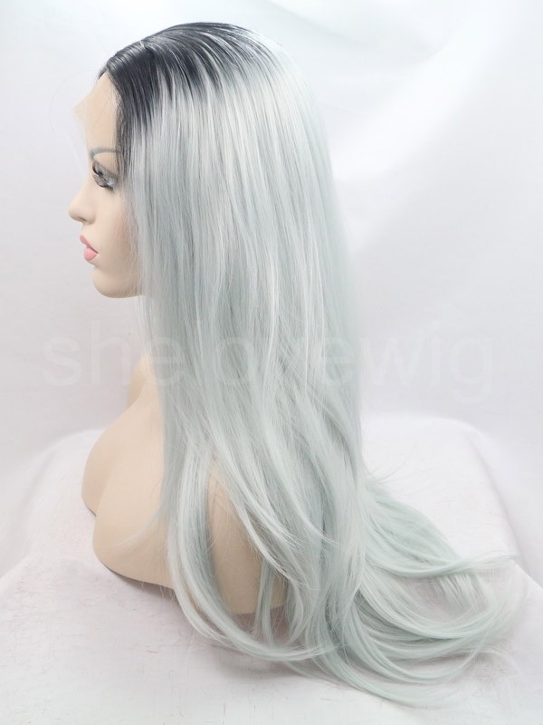 Black Root White Grey Synthetic Lace Front Wig Ombre