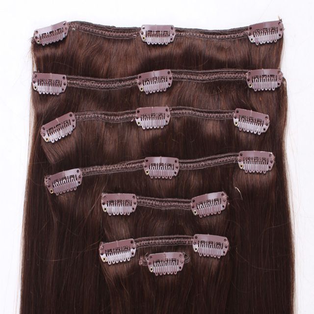 Top Quality Brown Color Clips in Hair Extensions 100% Remy Human Hair