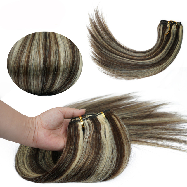 Platinum Blonde Highlights With Brown Hair Piano Color 100% Real Human Hair Clip in Extensions 