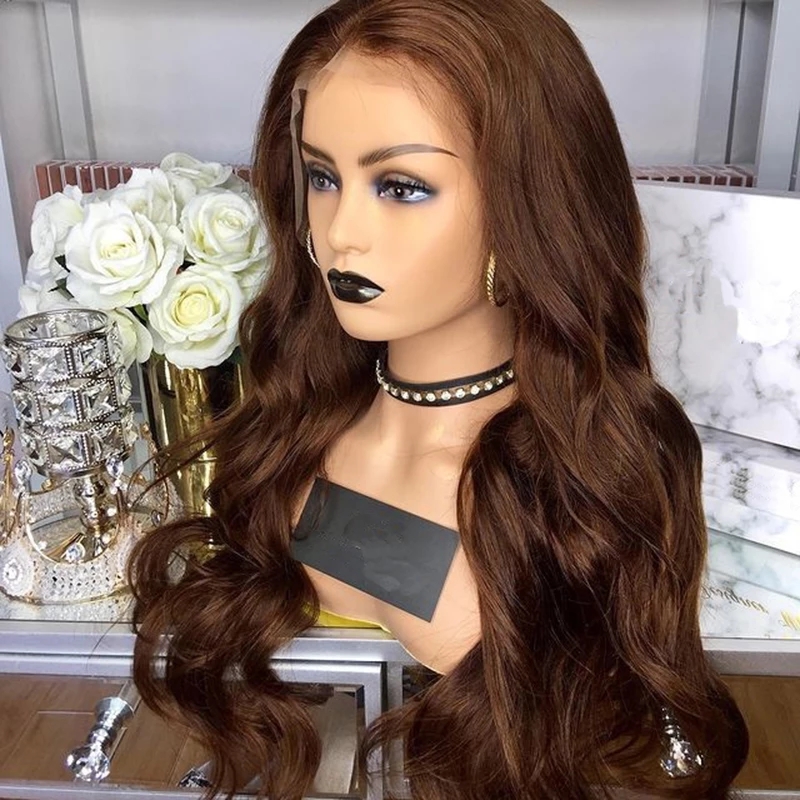 Dark Brown Wavy Remy Hair Full Lace Wigs Beauty Wave Human Hair Lace Front Wigs