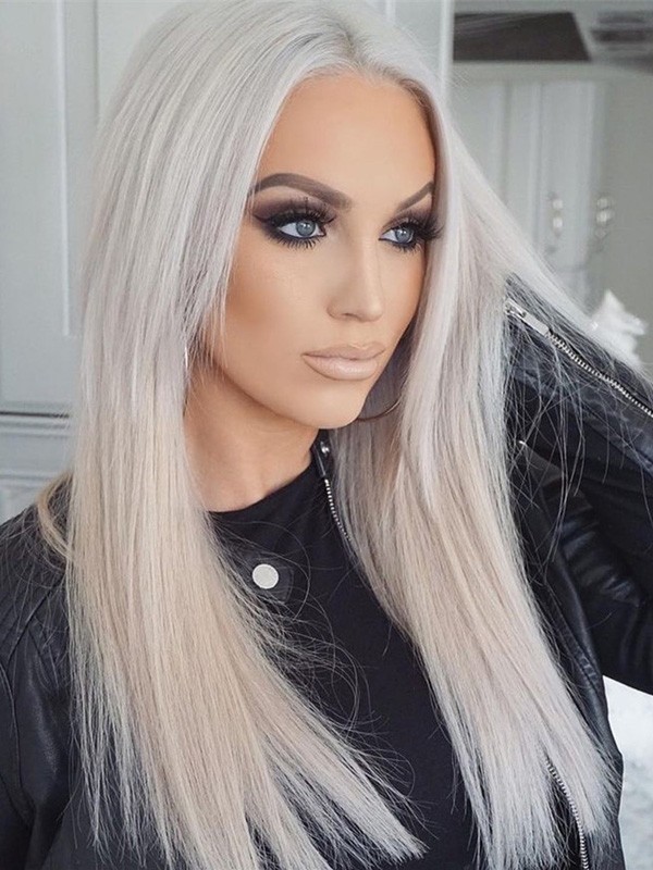 Silver Gray Human Hair Lace Wig Natural Straight Remy Hair