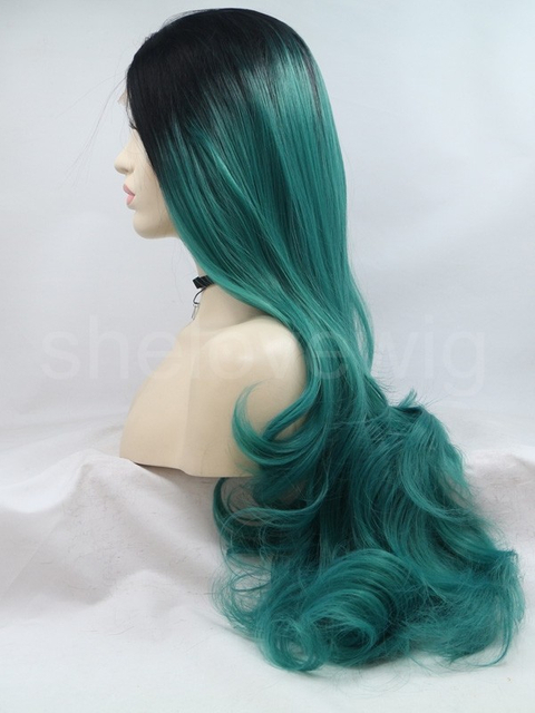 Wave Ombre Black Synthetic Lace Front Wig Dark Green