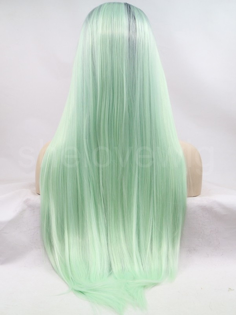 Straight Black Fresh Green Synthetic Lace Front Wig