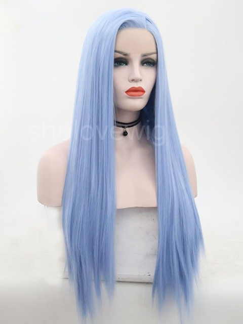 Half Light Blue Half Dark Blue Synthetic Lace Wig