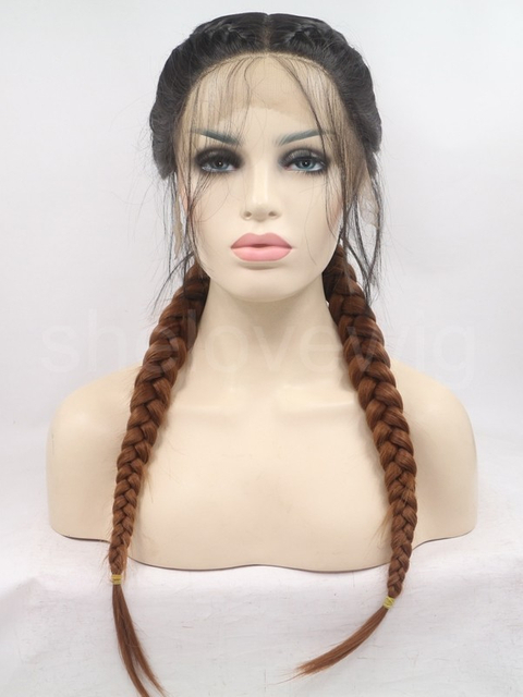 Black Root Brown Synthetic Lace Front Wig Braid Hair