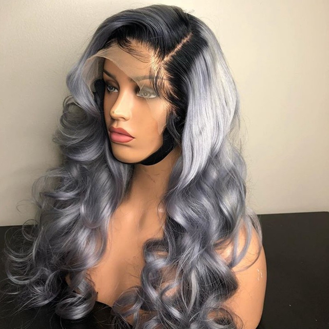 Ombre Grey Human Hair Glueless Full Lace Wig Wave