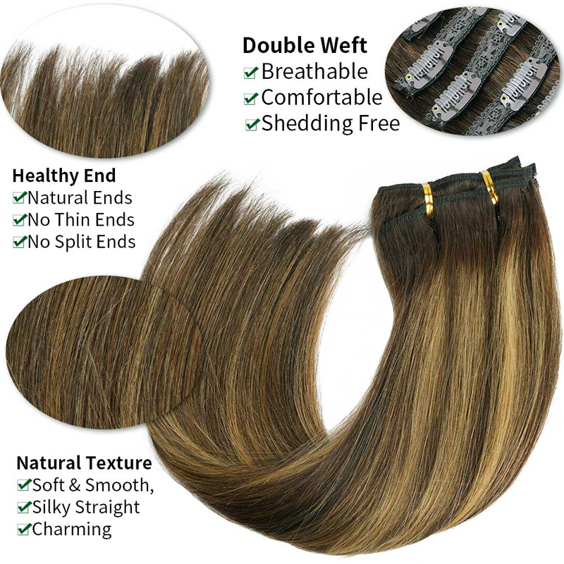 Clip in Hair Extensions Real Human Hair Ombre Brown Highlight Blonde Clip Hair Pieces
