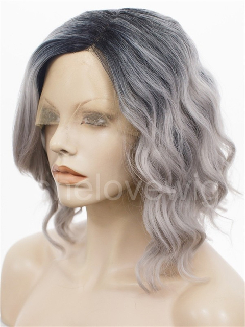 Short Black with Grey Wave Synthetic Lace Wig