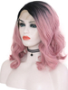 Short Synthetic Lace Front Wig Black Root Pink Ombre Cute Wavy