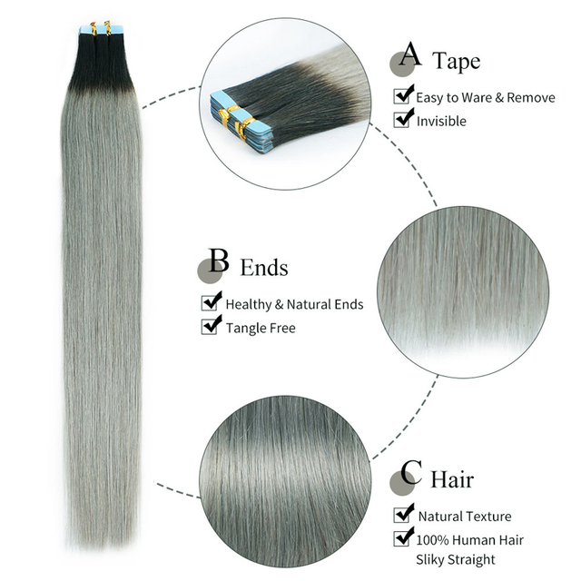 Ombre Grey Color Tape in Extensions Human Hair Remy Skin Weft Natural Hair Extensions Tape in