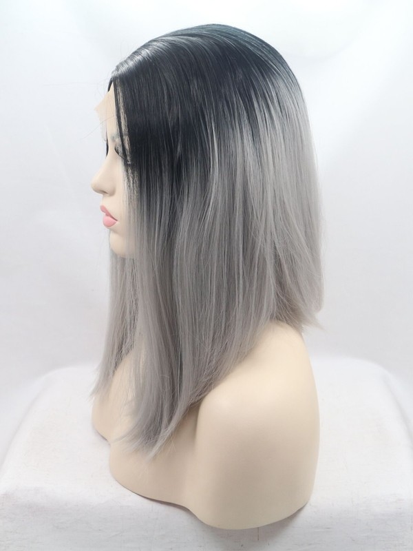 Bob Black Root with Grey Lace Front Wig Synthetic Hair