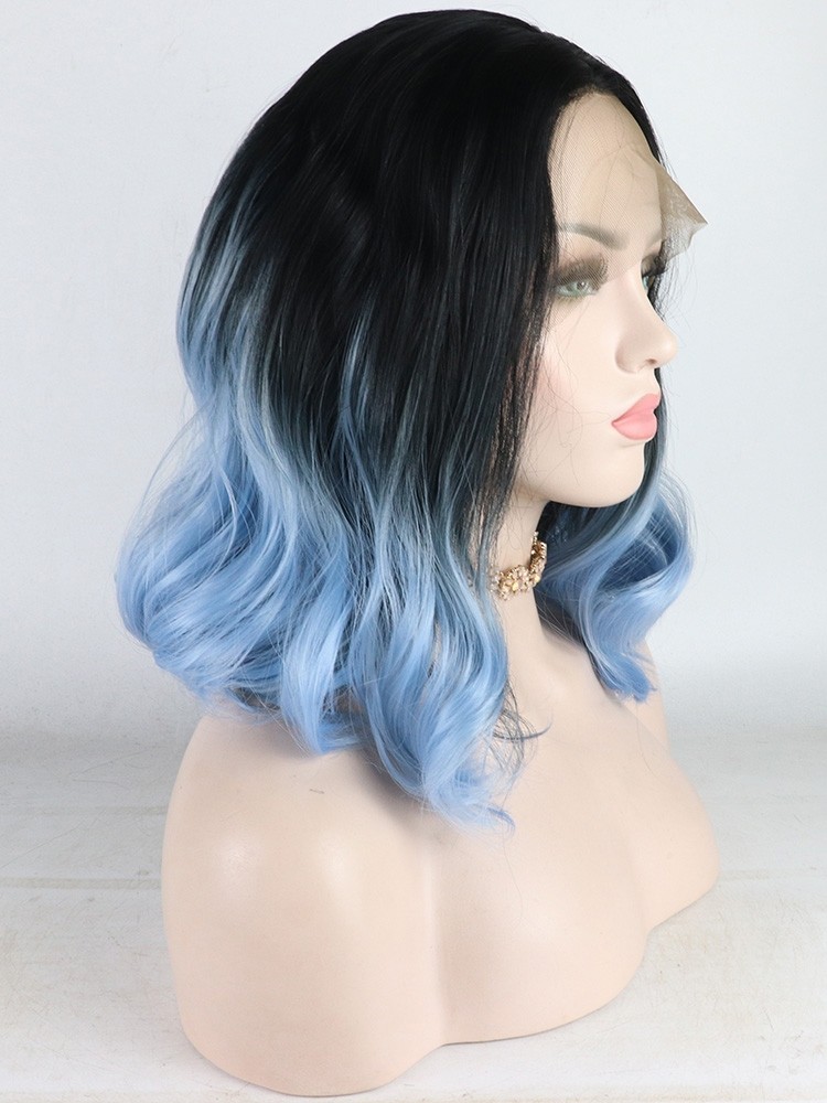 Cute Blue Synthetic Lace Front Wig Wave Short Length