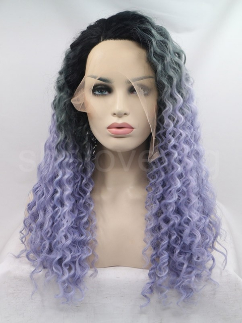 Curl Synthetic Lace Front Wig Black Root with Blue Ombre