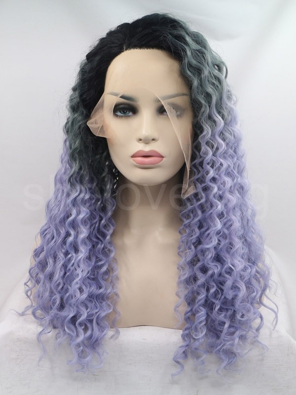 Curl Synthetic Lace Front Wig Black Root with Blue Ombre