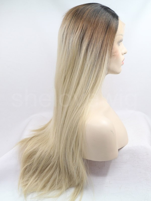 Silk Straight Lace Front Wig Synthetic Hair Black Ash Blonde Ombre