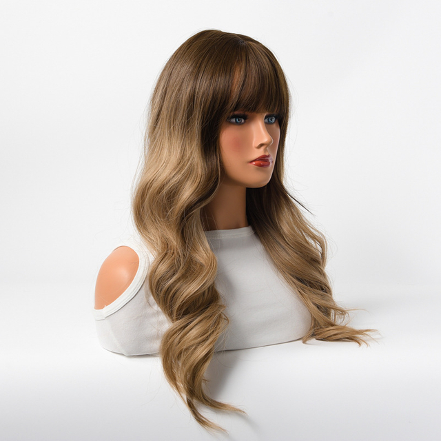 Ombre Brown with Dark Blonde Synthetic Wigs Machine Made with Bangs