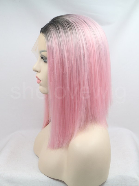 Short Bob Synthetic Lace Front Black Pink Ombre