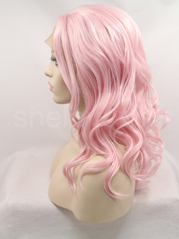 Lovely Pink Synthetic Hair Lace Front Wig for Girl Wave Hair