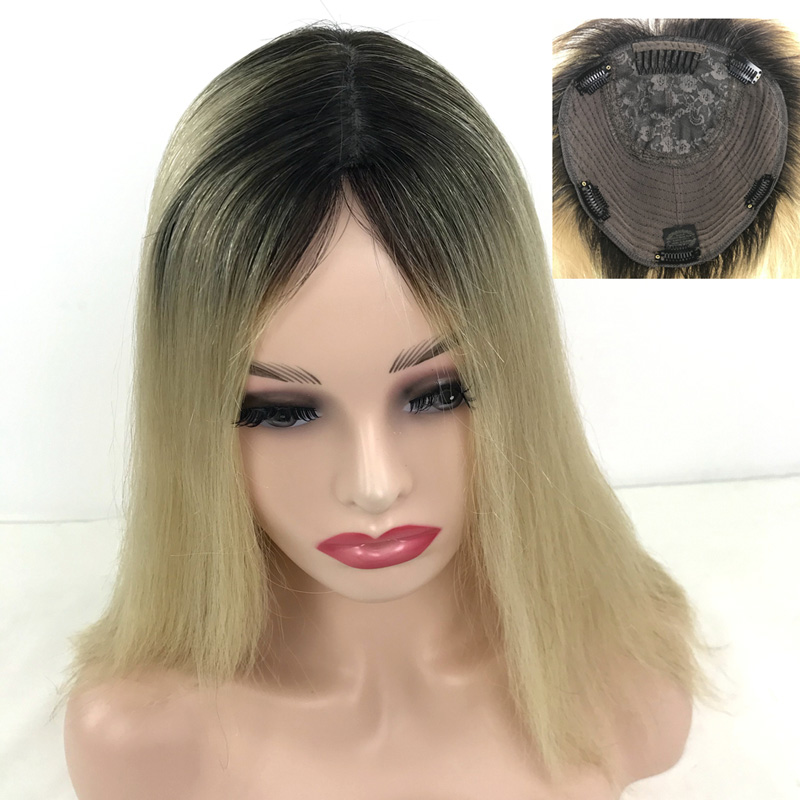 Human Hair Topper Ombre Blonde Color Silk Base Invisible Knots Straight Hair Topper with Clips