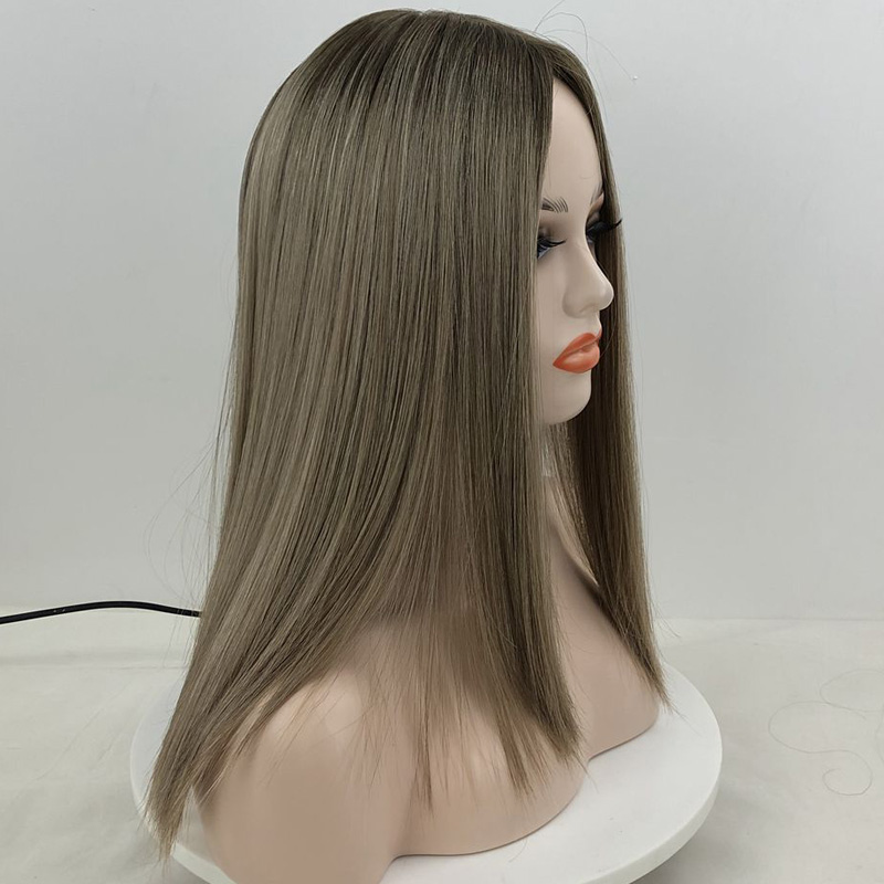 Brown Color With Highlights Jewish Kosher Wigs For White Women Natural Look Silk Top Base