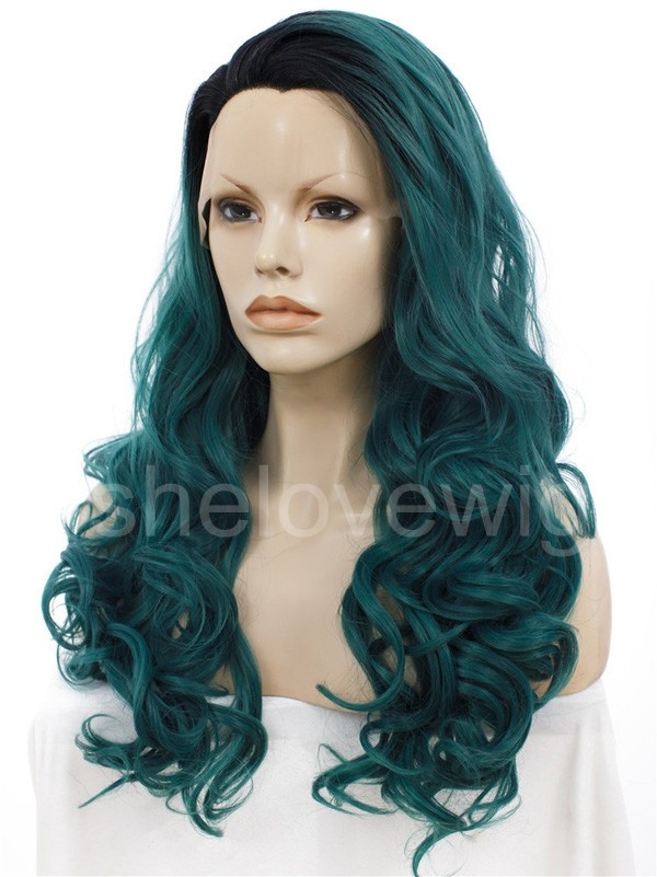 Green Black Ombre Synthetic Lace Front Wigs Wave
