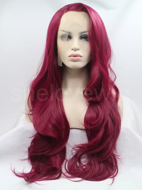 Wine Red Color Lace Front Wig Synthetic Hair Wavy