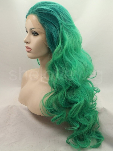 Ombre Green Synthetic Lace Front Wig Wave Hair