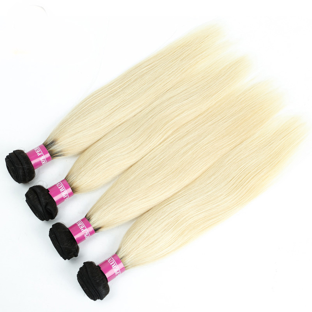 Ombre Blonde Virgin Hair Bundles Two Tone Dark Roots Straight Human Hair Weave