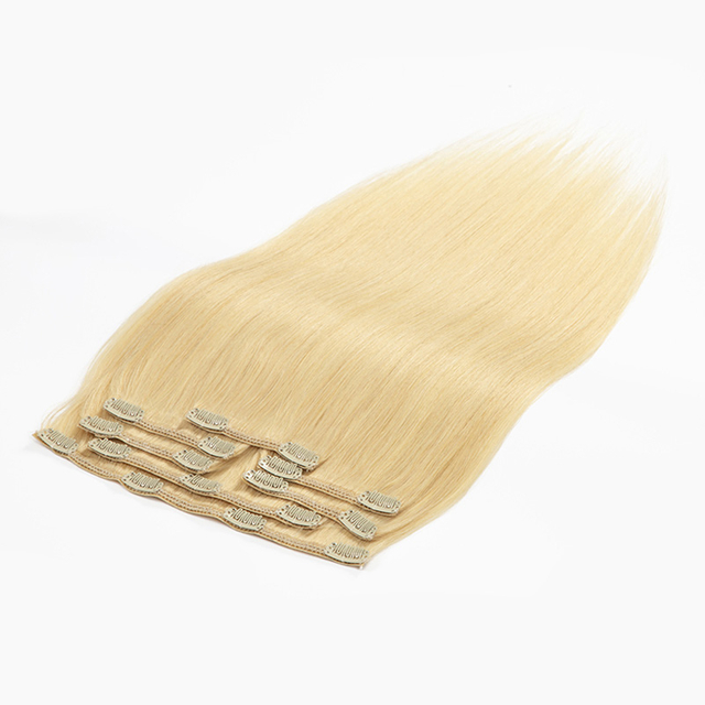 Silk Straight Virgin Human Hair Clips in Hair Extension Blonde Color 