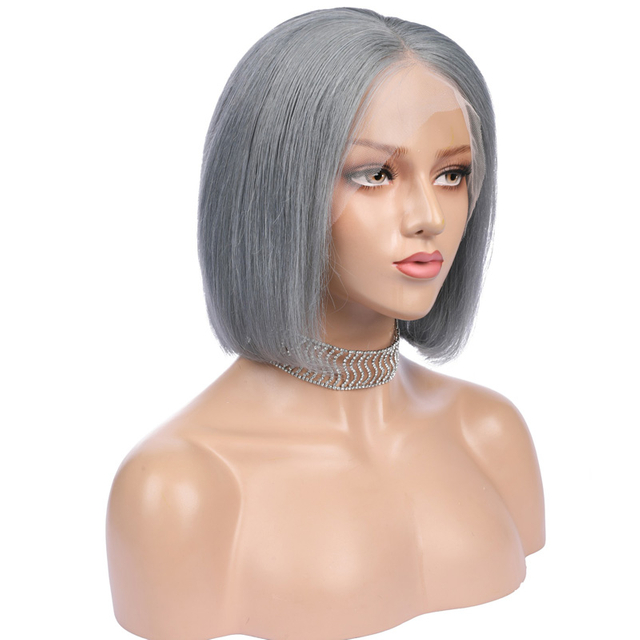Dark Grey Color Remy Human Hair Glueless Lace Wigs Short Length Bob Hair