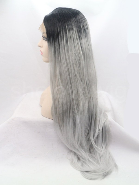 Black Root with Grey Synthetic Lace Front Wig Long Hair