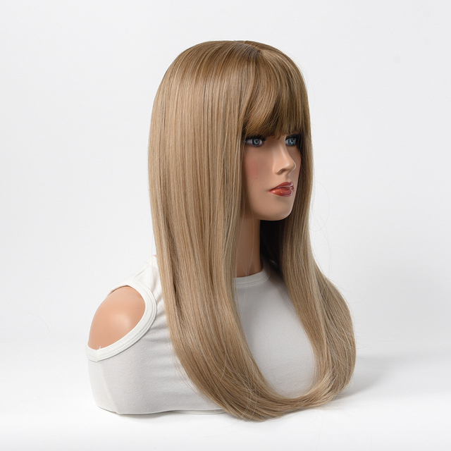 Milk Brown Syanthetic Wig Machine Made Natural Looking with Bangs