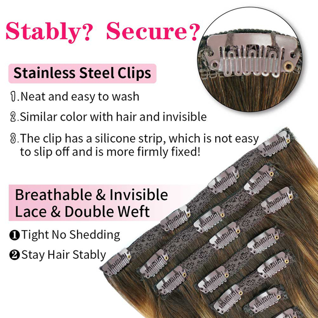 Clip in Hair Extensions Real Human Hair Ombre Brown Highlight Blonde Clip Hair Pieces