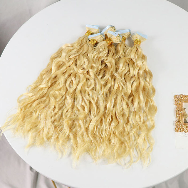 Top Quality Curl Blonde Color Tape in Hair Extension Blue Tape Long Last